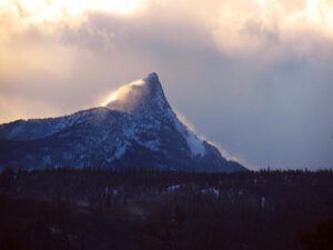 Finger peak, blowing snow (January Rain at Ginty Creek)