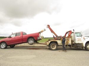 new truck towed (Down the bella coola hill again.)